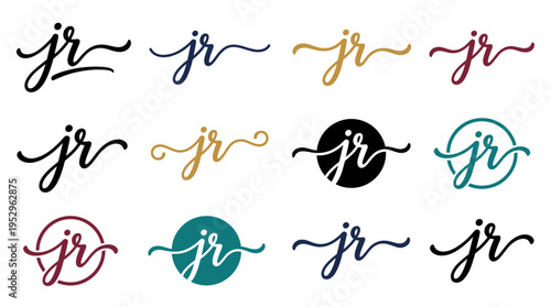 Collection of twelve "jr" monogram logos in various colors and styles, some enclosed in circles.
