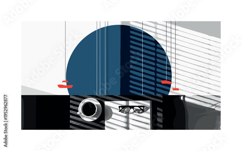 Vintage black and white top-down view of coffee cup on bedside table with book and glasses silhouette, large dark blue circular field occupying upper half,