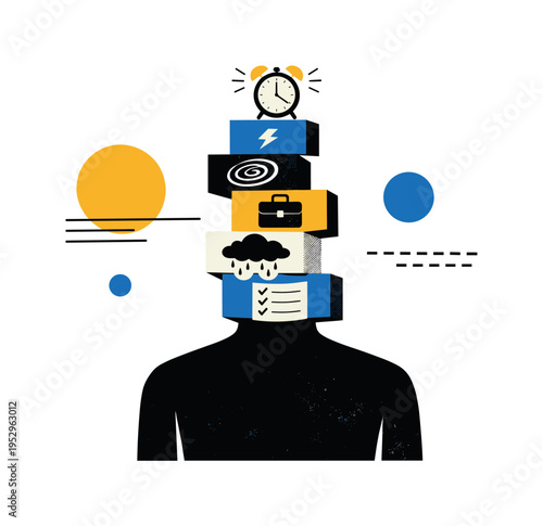 A conceptual black and white human silhouette with the head replaced by a stack of abstract geometric blocks and icons symbolizing stress and routine, floating