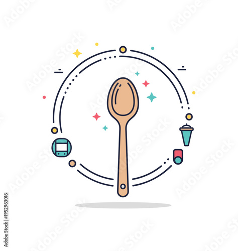 Minimal kitchen badge stylized wooden spoon centered within a circular frame with tiny star accents, representing cooking passion and domestic creativity.