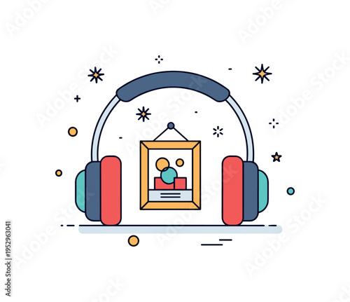 Museum audio guide experience illustrated by headphones paired with a small framed abstract artwork, reflecting learning, interpretation, and deeper
