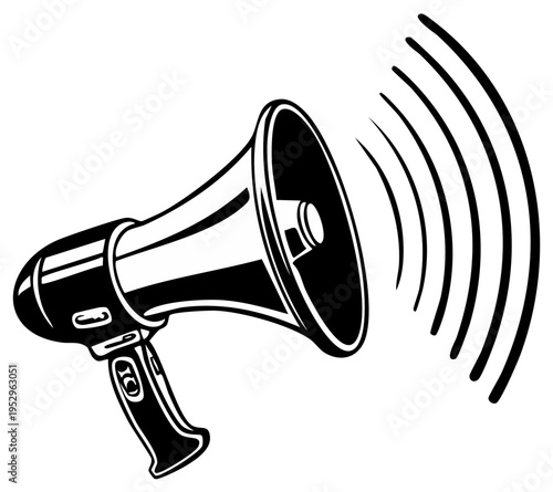 Classic black and white megaphone broadcasting sound waves, symbolizing loud announcement and communication