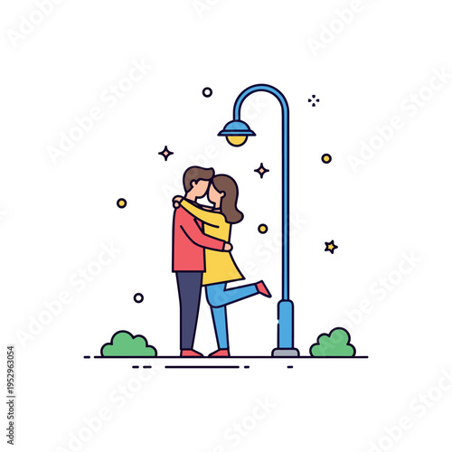 Romantic embrace on city street illustrated with two figures holding each other near a simple lamppost, expressing tenderness and shared moments in an urban