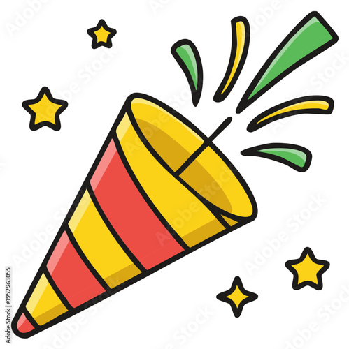 Festive party popper exploding with confetti and stars for celebration vector illustration