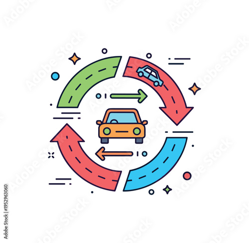 Traffic flow concept badge circular emblem combining road lines, small car icon and directional arrows, representing movement, regulation and modern