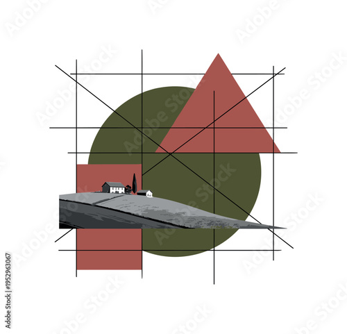 monochrome hillside with small farmhouse silhouette, deep olive circular backdrop intersected by muted red geometric shapes, thin intersecting lines creating