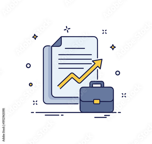 Business loan agreement startup funding theme showing a document icon paired with a small upward arrow and briefcase silhouette. The composition reflects