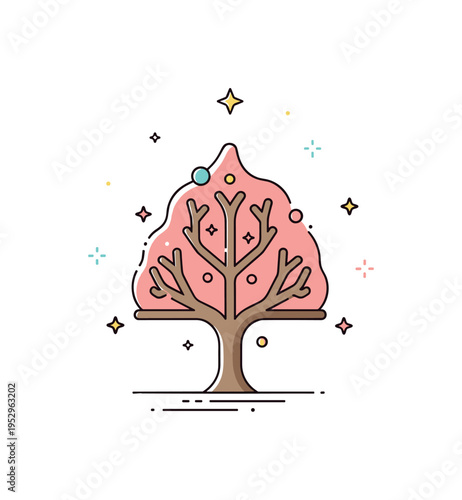 Spiritual tree of life concept illustrated by a single stylized tree with balanced symmetrical branches and subtle star accents, symbolizing wisdom,