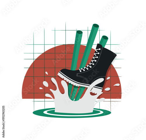 Black and white boot stepping into a puddle with frozen splash moment, deep terracotta semicircle behind the splash like an abstract sun, emerald green