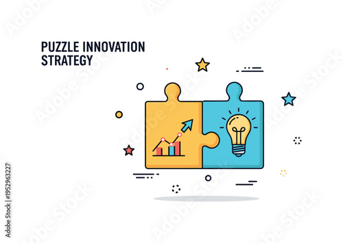 Puzzle innovation strategy concept illustrated by a puzzle piece containing a small light bulb icon inside it. A concise visual metaphor of creative solutions