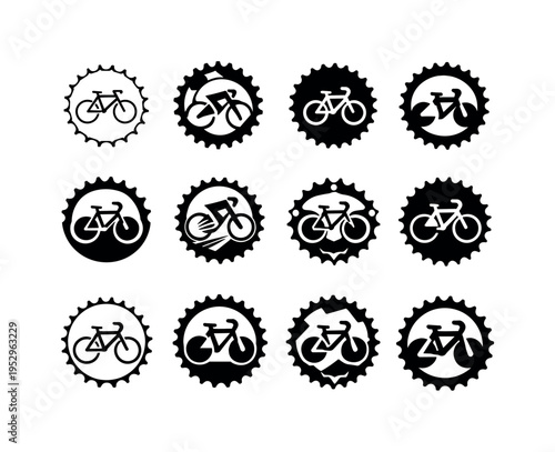 Bike riding. Icon set. Set Logo of Bike riding: bicycle chainring. harmonious logo variations of the same emblematic concept, each with different artistic