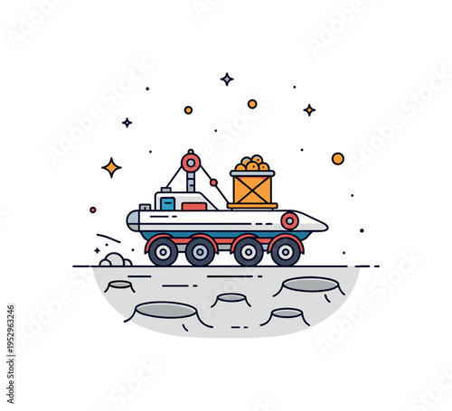 Autonomous lunar mining rover concept featuring a streamlined robotic vehicle carrying a small ore container across a cratered surface. The composition