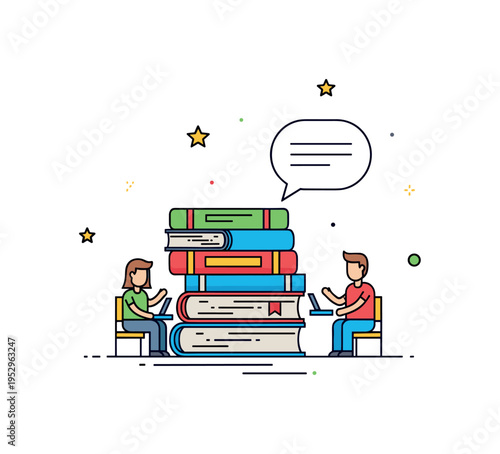 Library reading hour theme featuring stacked books with a subtle speech bubble accent, expressing narration and community gathering. The clean editorial scene