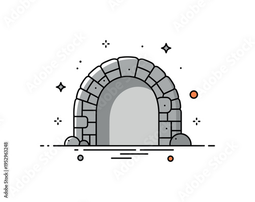 Minimal dungeon badge concept featuring a rounded stone arch silhouette with subtle inner shadow, symbolizing underground fantasy setting in a clean geometric