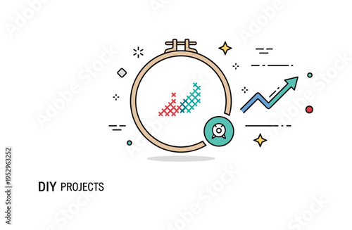 DIY embroidery projects step by step tutorial theme showing a hoop with a partially completed stitch pattern and a small progress arrow icon, symbolizing