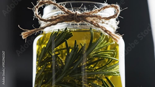 Rosemary sprigs infusing in olive oil glass jar for food and culinary content