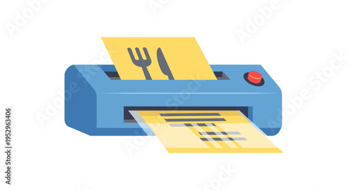 blue printer with paper and utensil icons