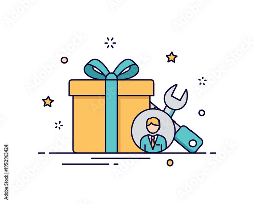 Practical gift choice for him featuring a boxed item alongside a small tool or gadget icon, symbolizing usefulness and thoughtful consideration of