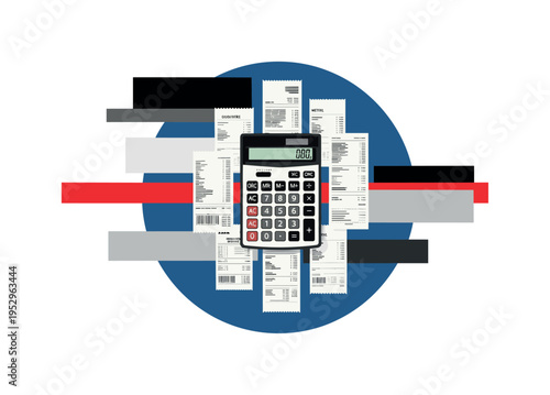 Black and white calculator and neatly arranged receipts viewed from above, deep blue circular frame surrounding the objects, red horizontal bar crossing