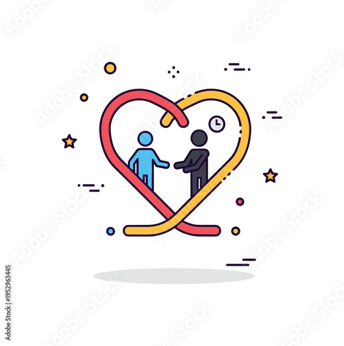 Shared journey concept intertwined path lines forming a heart around two small silhouettes, symbolizing growth through experiences and mutual support over