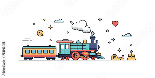 Vintage rail journey concept centered on a classic locomotive with gentle steam puffs, expressing nostalgia, heritage, and romantic travel memories. Small
