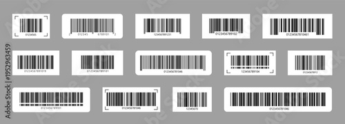 Set of barcode stickers fake with different thick and thin lines. Vertical streaks, strips with random information lines. Abstract geometric texture background for retail, supermarket