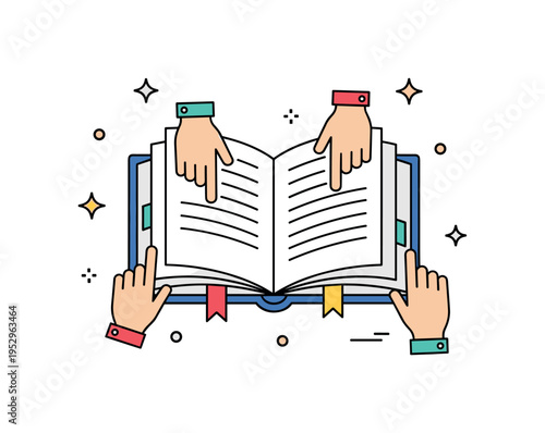 Ceremonial reading guide illustrated by an open Haggadah book with small symbolic hand icons turning pages, expressing participation, guidance, and structured