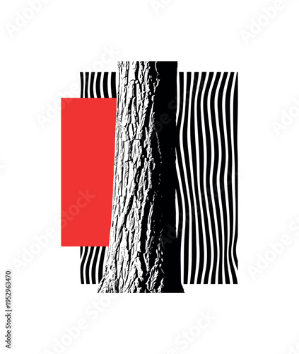 black and white tree trunk centered in composition, exaggerated vertical texture lines extending beyond the form into abstract black stripes, bold red vertical