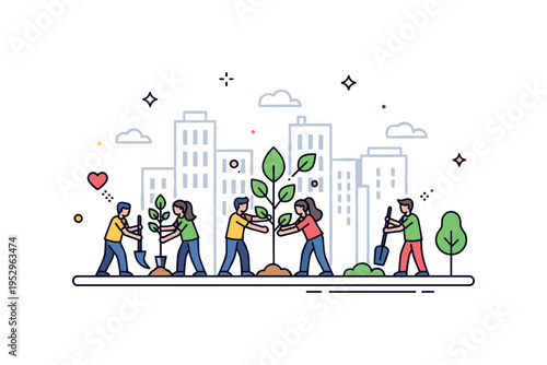 Community tree planting in city neighborhood represented by small figures placing a young tree along a sidewalk with simple buildings behind, expressing