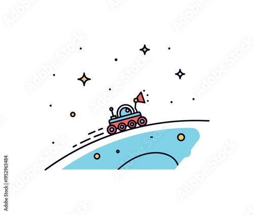 Planetary exploration badge showing a small rover icon traveling across a curved surface with distant stars above. The composition communicates scientific