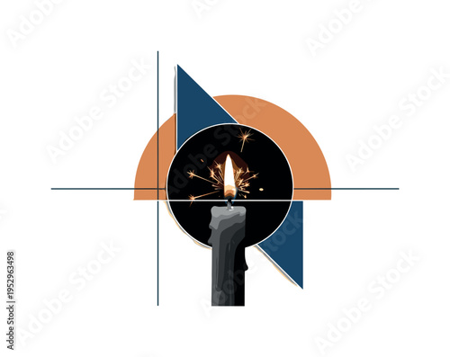 Black and white side view of candle being lit with visible spark, oversized muted orange semicircle framing the ignition point, deep blue angular geometric