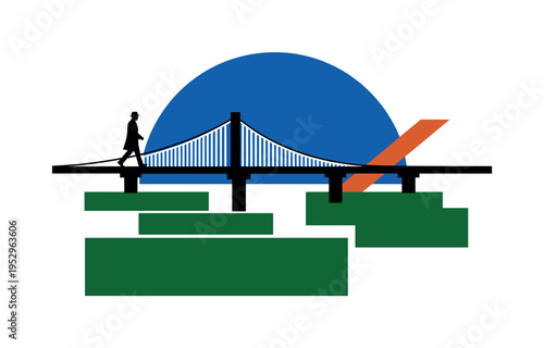 Black and white silhouette walking toward oversized circular light portal, warm burnt orange disc dominating upper composition, deep cobalt blue horizontal