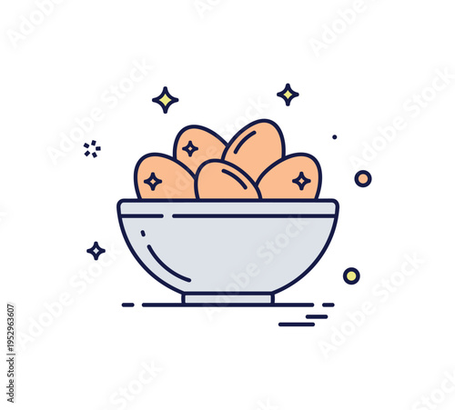 Kitchen ingredient icon centered on a simple bowl containing several eggs with tiny sparkle accents, conveying readiness for cooking and homemade meals. A