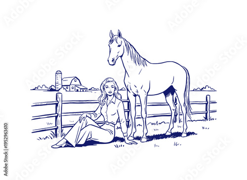 Horse and woman vintage artwork. Farm life illustration for apparel. Country graphic print. Retro barn scenery. Horse lover t shirt design.