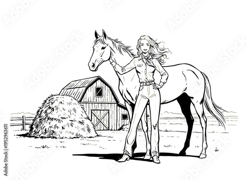 Cowgirl with horse line art. Farm life vintage artwork. Ranch girl and stallion sketch. Western country lifestyle. Equestrian barn scenery.