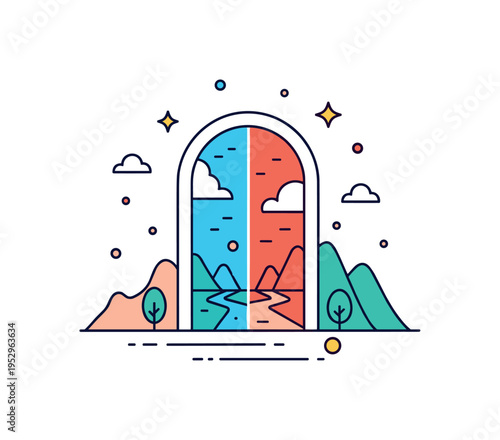 Alternate reality doorway featuring a simple arched portal splitting into two contrasting landscapes suggesting different life paths and unseen possibilities.