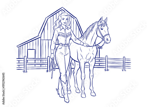 Western cowgirl with horse vintage artwork for t-shirt. Farm life artwork for apparel. Wild west design. Ranch house background. Cowboy style.