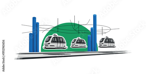 Black and white street-level perspective with autonomous floating taxis above pedestrian walkway, bold green semicircle backdrop representing clean energy,