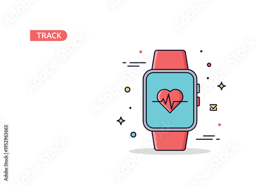 Track fitness activity monitoring concept featuring a smartwatch with a small heart rate line displayed on its screen. A modern editorial icon symbolizing