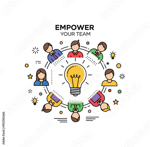 Empower your team innovation culture concept illustrated by multiple figures surrounding a central light bulb icon, expressing idea sharing and creative