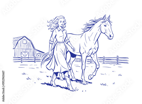 Country girl with horse artwork. Farm life vintage design. Horse ranch graphic for t shirt. Equestrian illustration. Western barn outdoor scene.. Vint