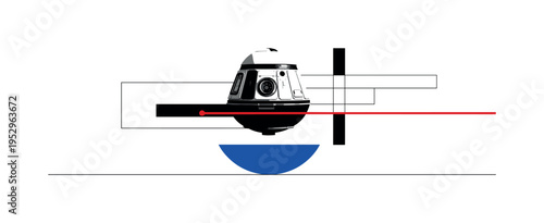 Black and white capsule-shaped space habitat hovering above minimal ground line, bold electric blue semicircle beneath to suggest gravity field, red thin