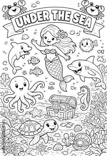 Kids Coloring Page – Cute Mermaid and Ocean Animals Scene. Editable stroke. Vector, illustration	