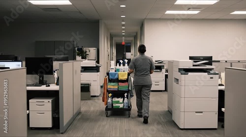 Woman pushes cleaning cart through an empty modern office hallway, showcasing professional janitorial service and building maintenance.
