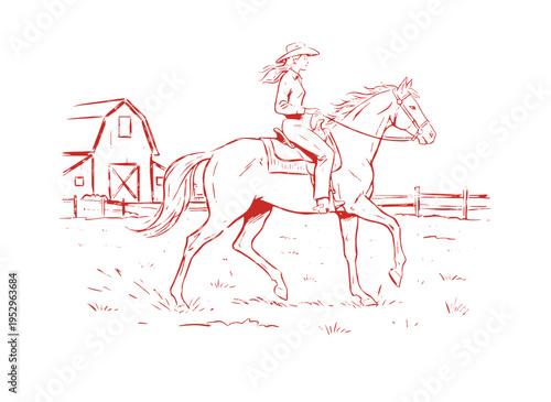 Cowgirl riding horse vintage art.. Farm ranch life design for tshirt.. Western country lifestyle.. Barn and horse hand sketch.. Horse riding adventure