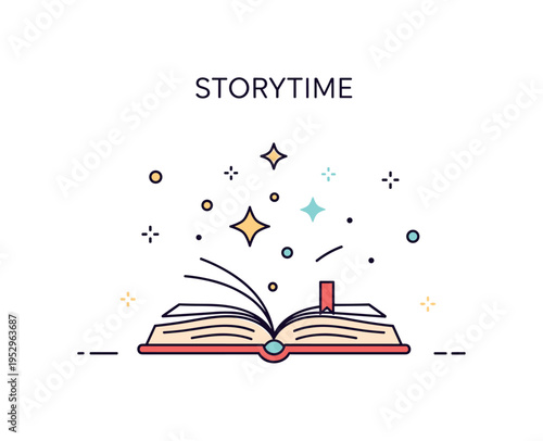 Storytime cozy reading scene centered on an open book with soft star and sparkle accents rising above the pages, expressing imagination and magical narratives