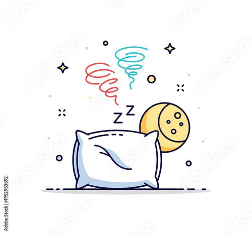 Sleepless night due to racing thoughts illustrated through a pillow and moon icon with swirling lines above, conveying insomnia, worry, and