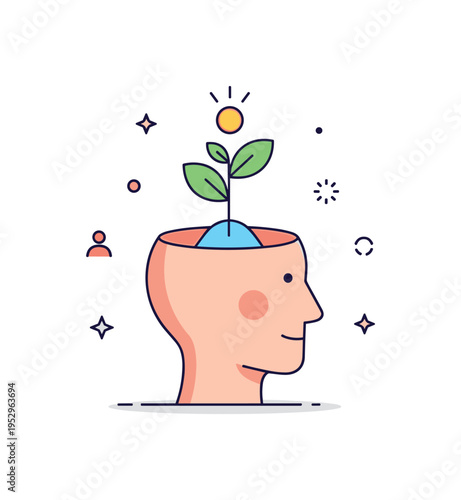 Personal growth and future mindset concept illustrated with a human head silhouette containing a small sprouting plant, expressing optimism, adaptability, and