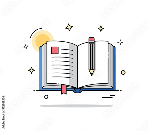 Bedside book study and reflection concept showing a slightly open book with a small pencil tucked inside and a gentle glow element nearby. A thoughtful symbol