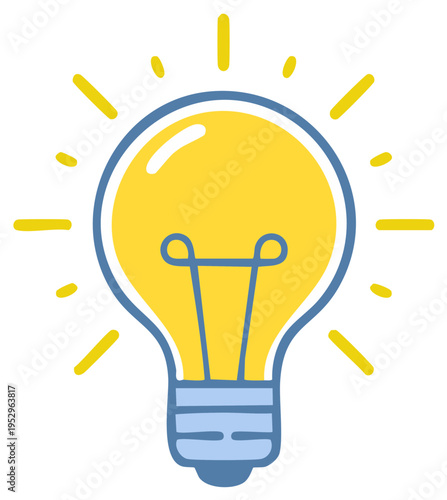 Cartoon drawing of a shining yellow lightbulb, an icon for creativity, ideas, and innovation.